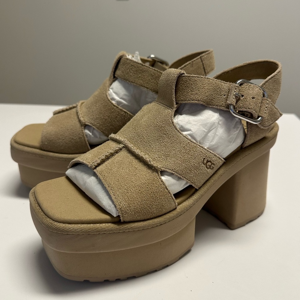 UGG New Heights Platform T-Strap Suede Sandals W Size 7